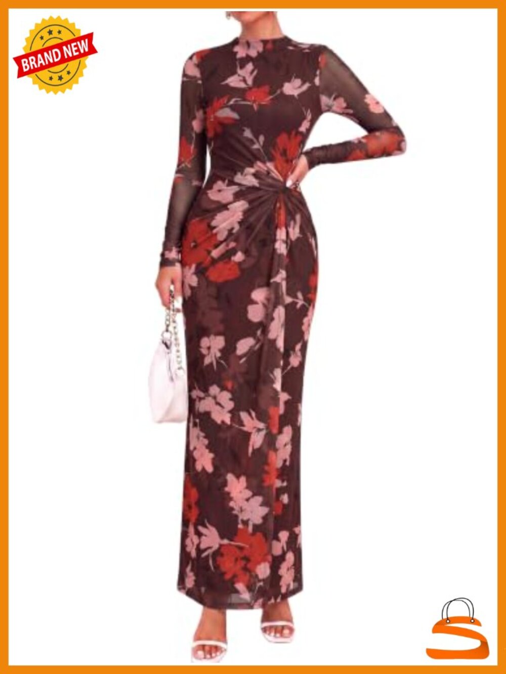Womens Mock Neck Maxi Dress Sheer Mesh Long Sleeve Floral Twist Knot High Slit